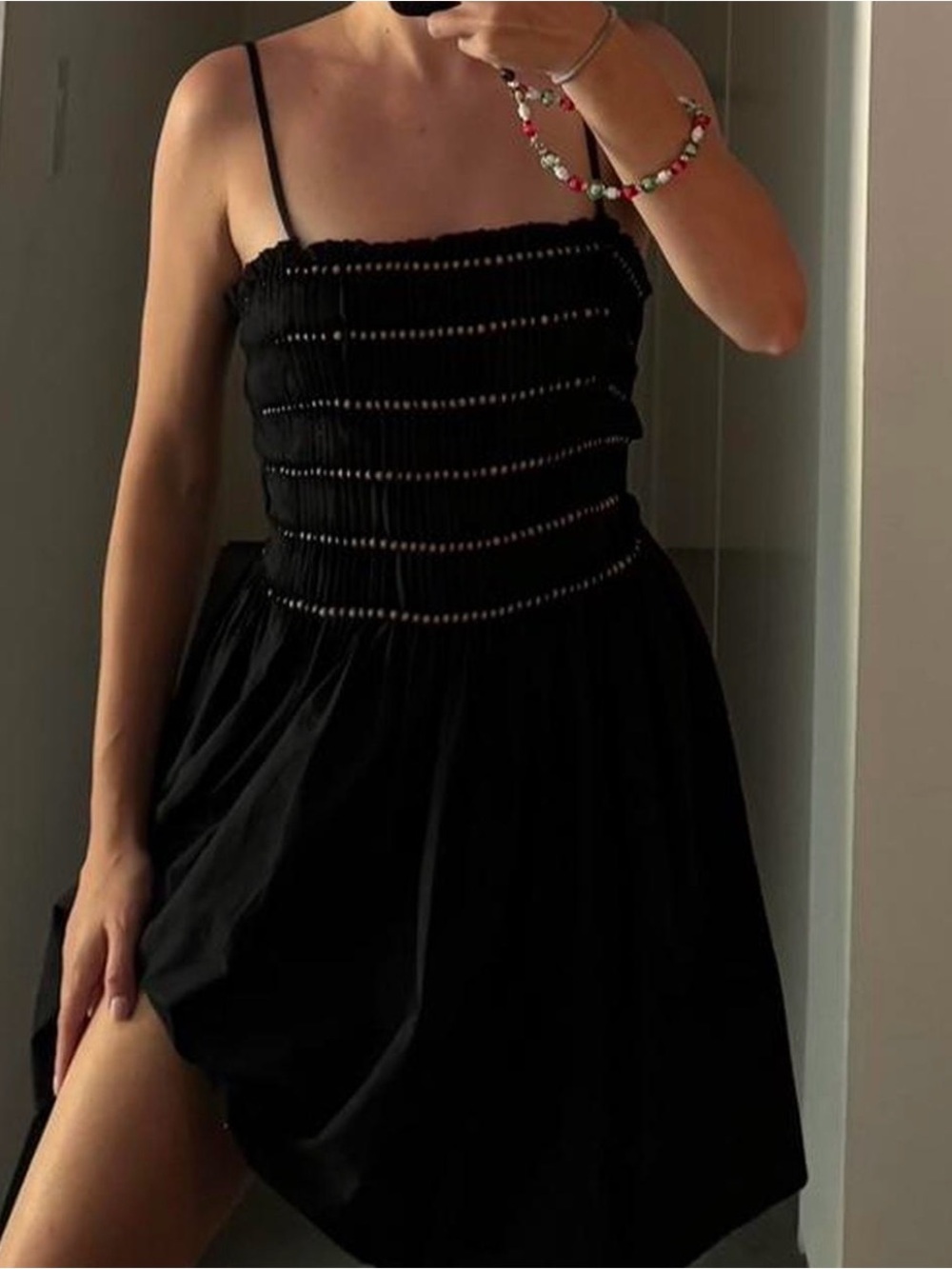 Zara Black Smocked Spaghetti-Strap Mini Dress
